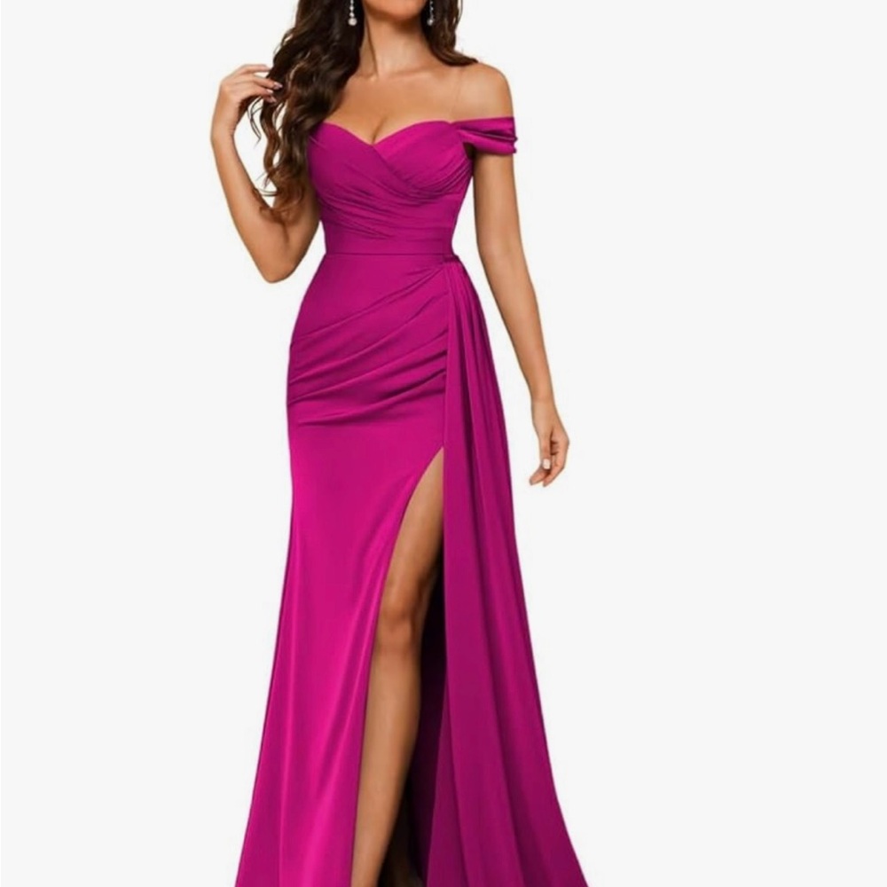 Pink Ruched Off-Shoulder Gown with Slit